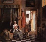 HOOCH, Pieter de Mother Lacing Her Bodice beside a Cradle s oil painting picture wholesale
